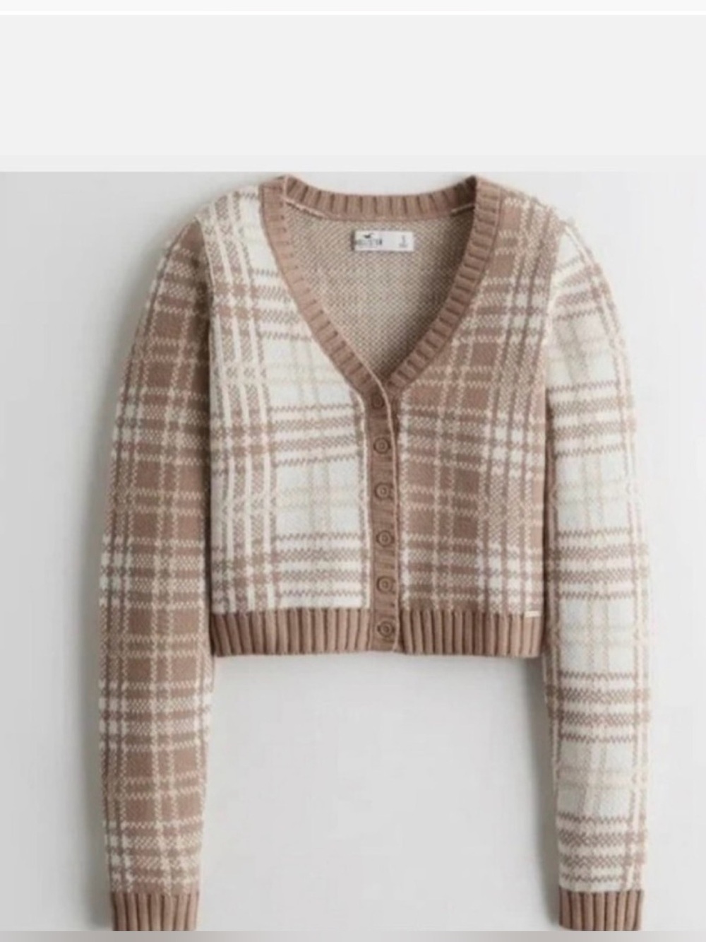 Hollister Plaid V-Neck Cropped Cardigan - Beige & Ivory